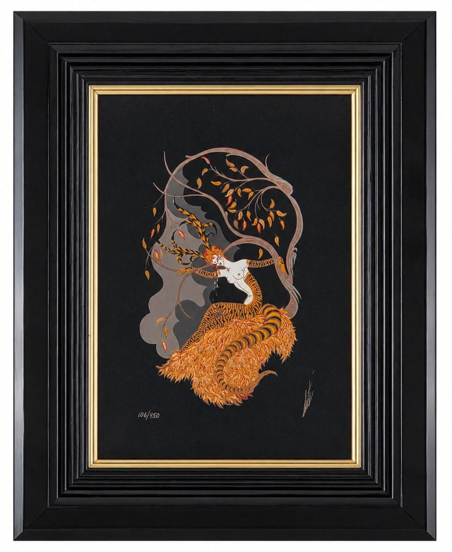 Romain ( Erte ) De Tirtoff ( 1892 - 1990) Russian: Romain ( Erte ) De Tirtoff ( 1892 - 1990) Russian Title: Fall Original Porcelain Art Edition Number: 106 / 450 Measure 13"in H x 8 3/4"in W and 19 1/4"in H x 15 1/4"in W framed Biography: Was a Russia