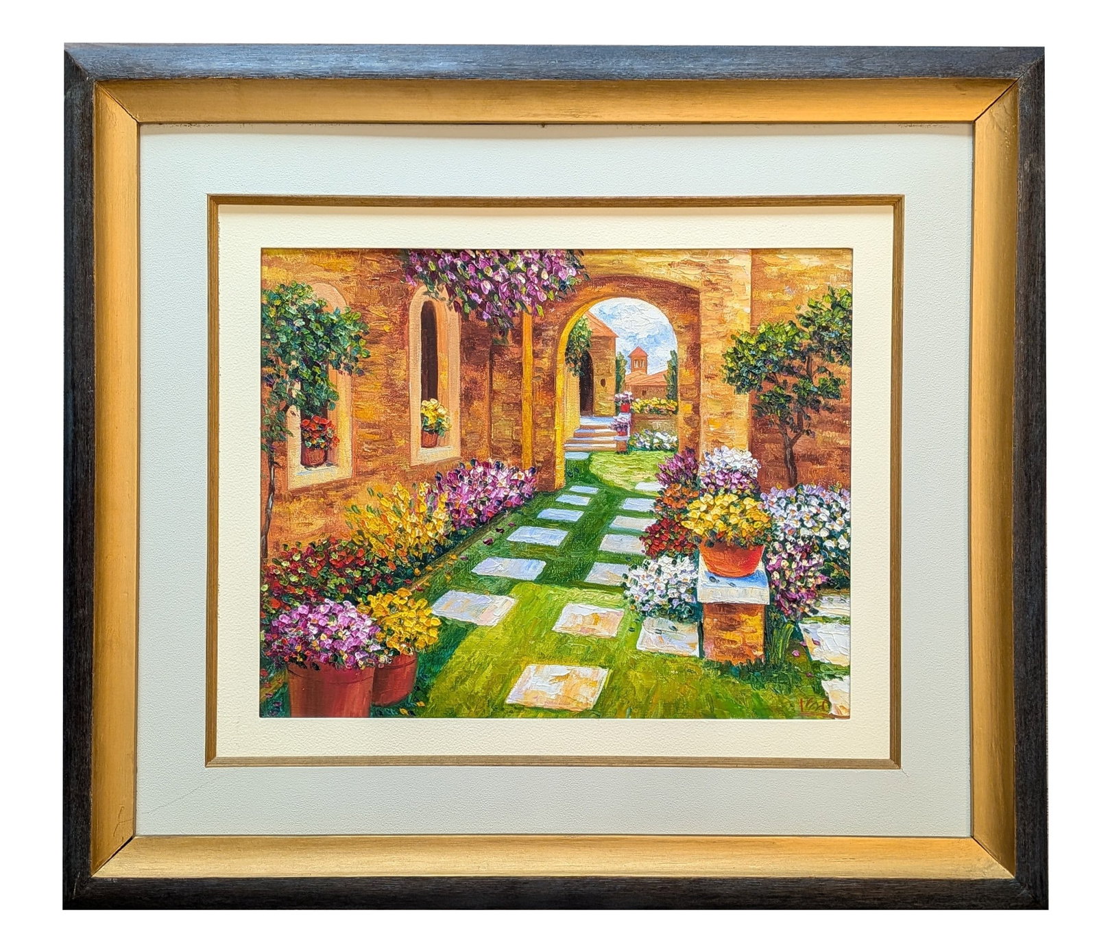 Impressionist Mediterranean Courtyard Garden Oil Painting, Signed: An impressionist oil on canvas painting depicting a sun drenched Mediterranean or Tuscan courtyard garden scene. The composition features a stone paved walkway leading through an archway toward distan