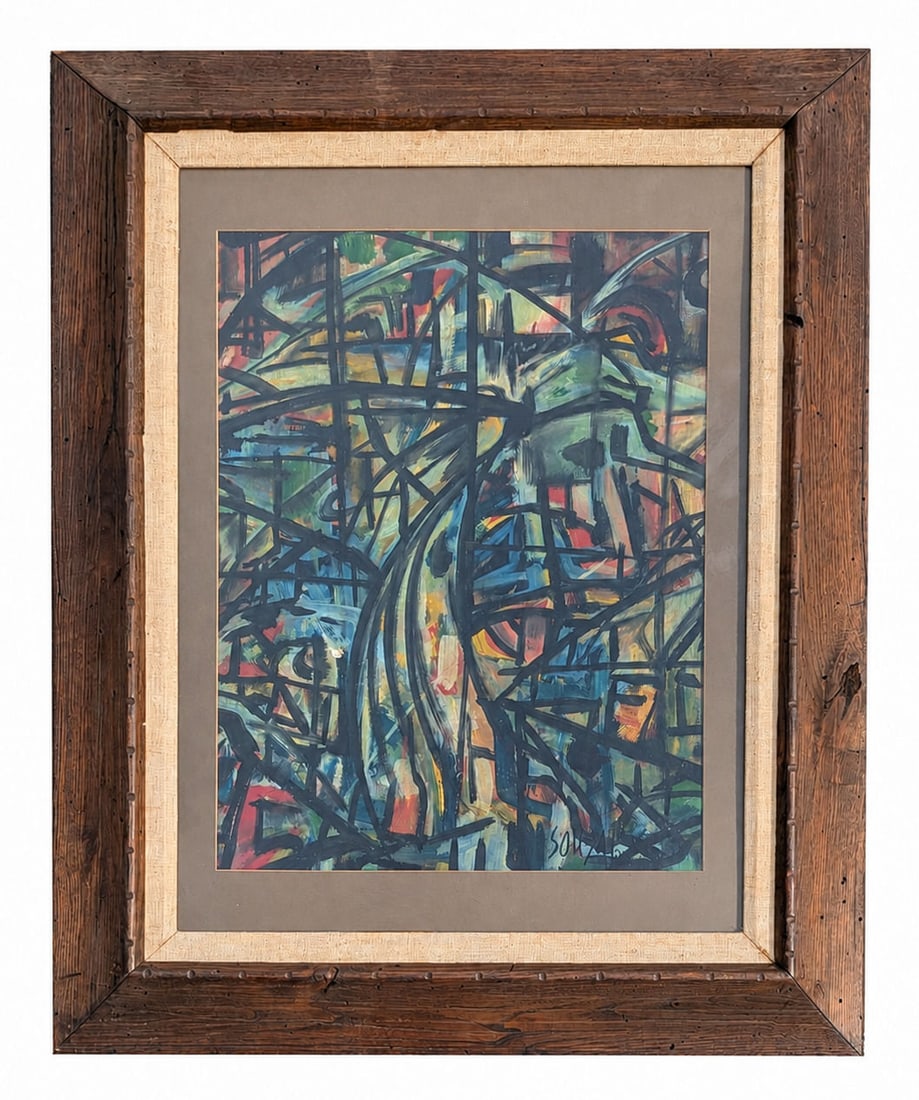 Francis Newton Souza ( 1924 - 2002 ) Indian: Francis Newton Souza ( 1924 - 2002 ) Indian Oil on Paper over Board Measure 20"in H x 16"in W and 32"in H x 25 3/4"in W framed Known for: Avant garde still life and landscape painting, human form-head
