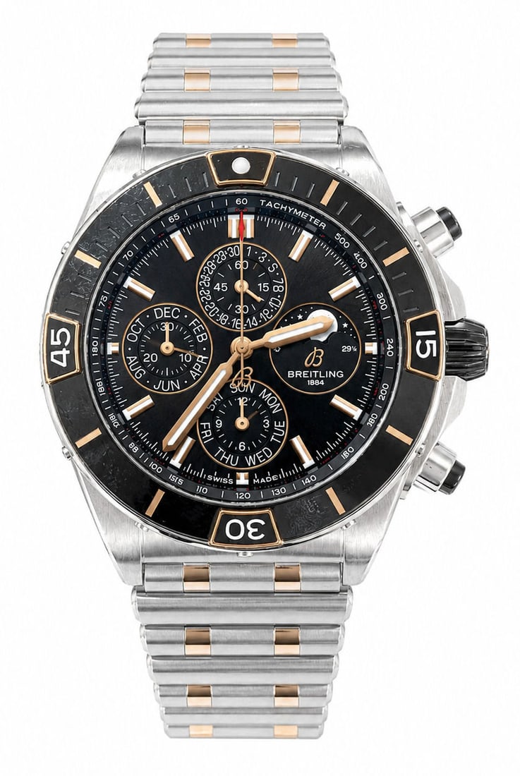 Breitling Super Chronomat 44 Four-Year Calendar Two-Tone Watch (Ref. I19320): A Breitling Super Chronomat 44 Four Year Calendar (1461 Days) wrist watch, Ref. I19320. Features a 44 mm stainless steel case with 18k red gold accents on the bezel, crown, pushers, and Rouleaux brace