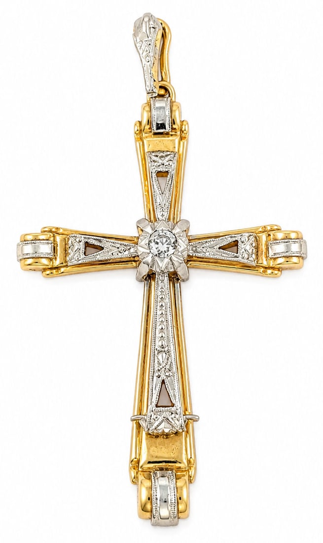 Vintage Art Deco Style 18K Two Tone Gold Diamond Cross Pendant: An elegant and intricately detailed vintage style cross pendant crafted in dynamic 18K two tone gold, featuring polished yellow gold structural elements accented with detailed white gold filigree work