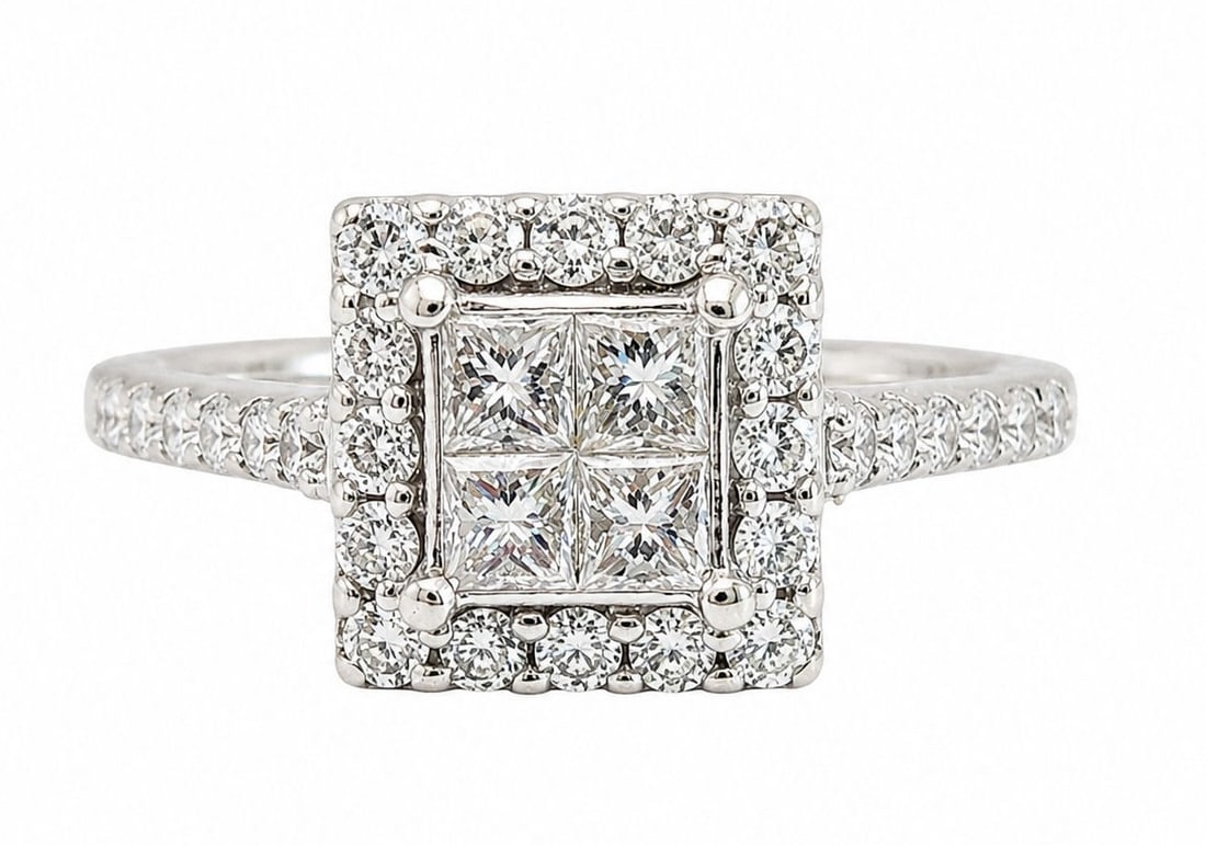 14K White Gold Princess Cut Diamond Halo Engagement Ring: Metal: 14K White Gold Size 9 Weight 3.7g Total Diamond Weight: Approx. 0.75 CTW Center: Princess-Cut Diamond Cluster Accent Stones: Round Brilliant Diamonds Setting Style: Square Halo