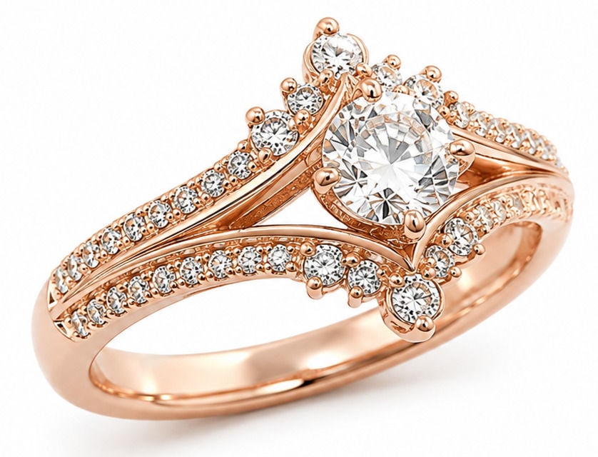 14K Rose Gold Round Diamond Engagement Ring with Starburst Crown Halo: An exquisite 14K rose gold engagement ring featuring a brilliant round-cut central diamond held in a four prong setting, encircled by a unique tiara inspired starburst halo. The split-shank band and c