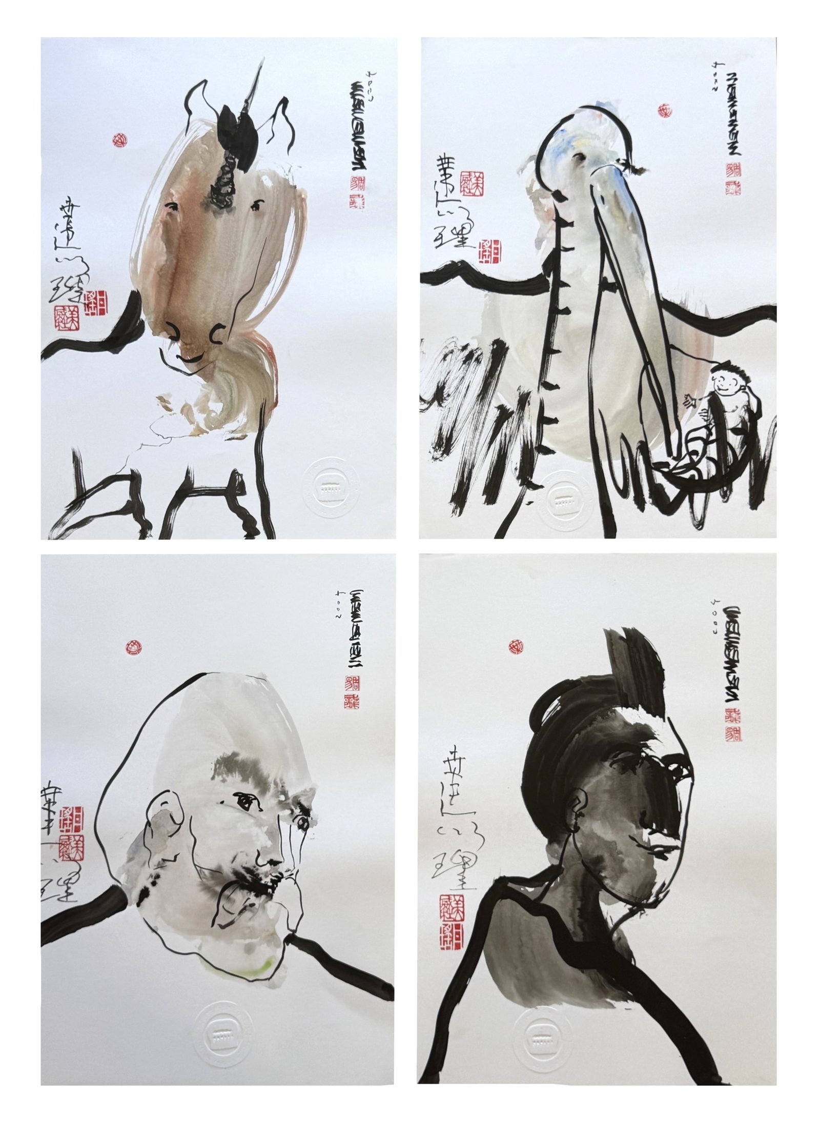 Contemporary Ink & Wash Figurative Prints, Signed & Dated 2004 with Seals - Set of 4: A striking lot of four contemporary ink and wash prints executed in an expressive, modern East Asian inspired style, each featuring bold brushwork and minimalist composition; the group includes styliz