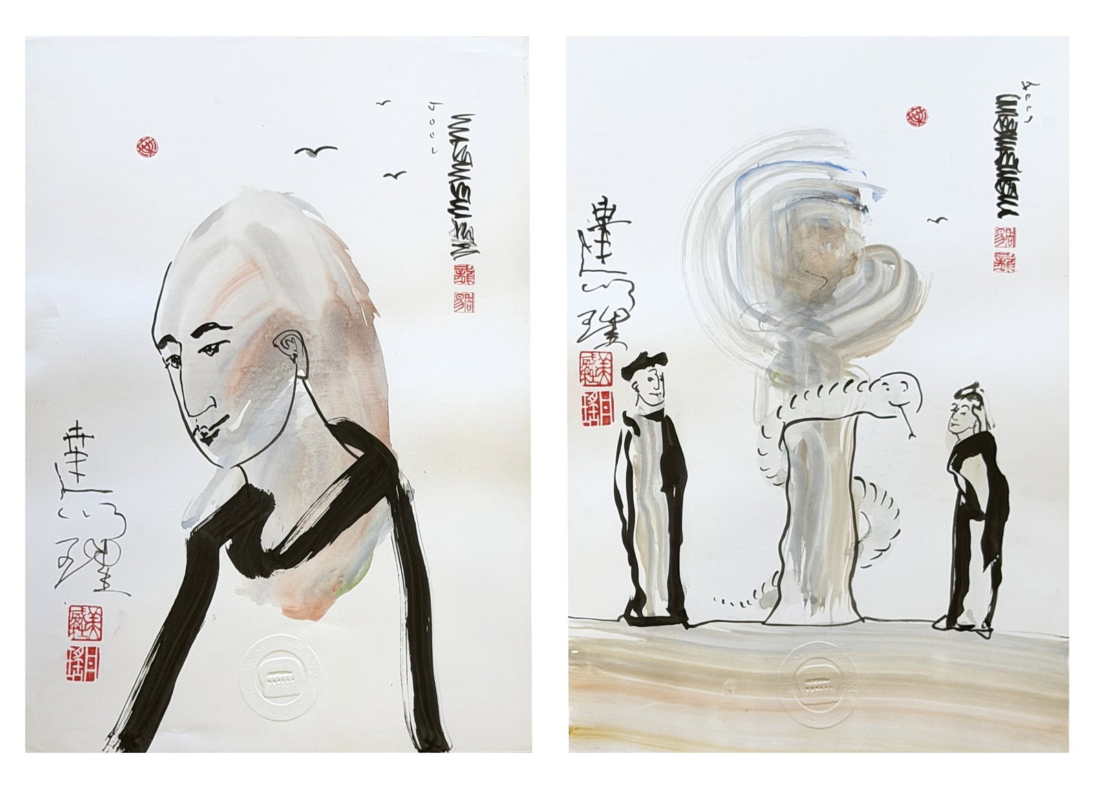 Contemporary Ink & Wash Figural Prints, Signed & Dated 2007 - Set of 2: A pair of contemporary ink and wash prints executed in an expressive, minimalist style, blending fluid brushwork with subtle tonal washes; one composition depicts a stylized portrait of a figure rende