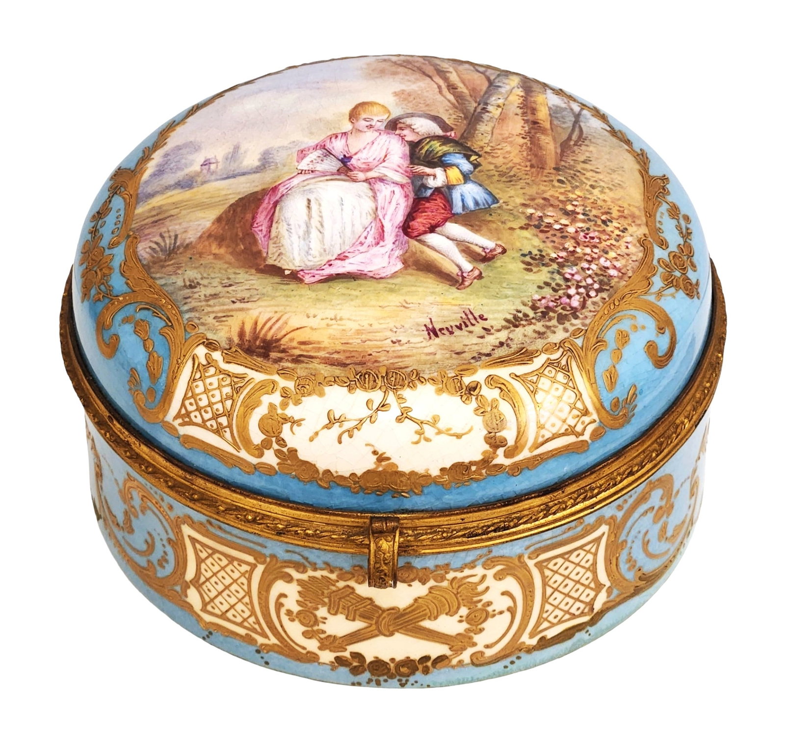 French Sevres Porcelain Covered Box, Hand-Painted Romantic Scene Signed Neuville, 19th Century: An exquisite French Sevres porcelain covered box, 19th century, finely hand-painted on the lid with a romantic pastoral scene of a courting couple, signed Neuville. The box is richly decorated with ra