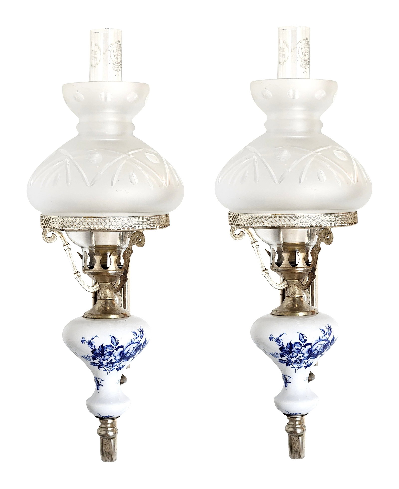 Pair of Antique Porcelain & Frosted Glass Wall Oil Lamps with Floral Decoration