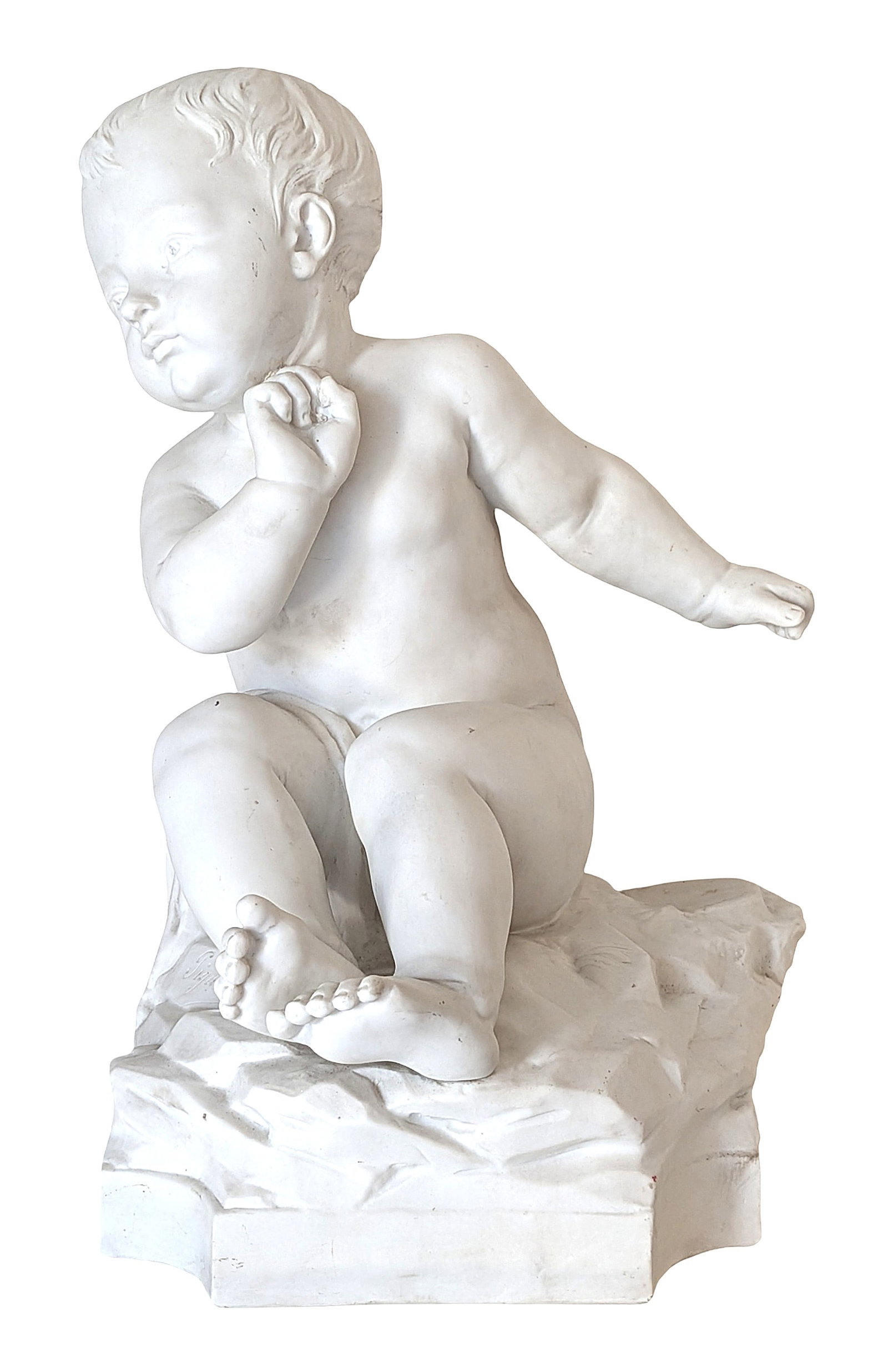 " Sigalle " Biscuit Porcelain Figure of Seated Child: Charming white biscuit porcelain figure depicting a seated child in a contemplative pose, resting one hand beneath the chin while seated atop a naturalistic rocky base. The sculpture bears the incised