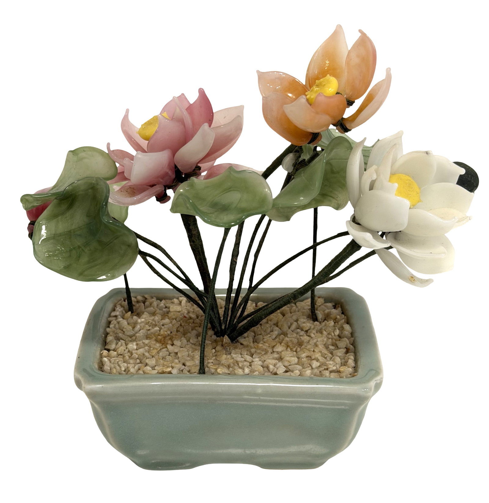 Chinese Hardstone Bonsai Tree with Carved Stone Flowers in Celadon Planter: Decorative Chinese hardstone bonsai arrangement featuring finely carved semi-precious stone flowers in shades of pink, white, and amber, with translucent green leaves. The blossoms are mounted on wire