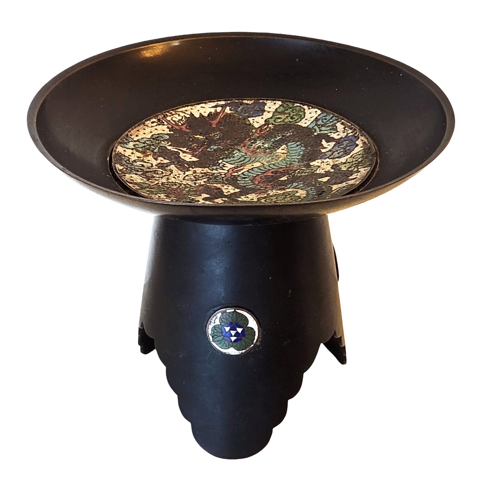 Chinese Cloisonne and Bronze Pedestal Dish with Dragon Motif: Decorative Chinese pedestal dish featuring a circular bronze form with wide rim and raised on a scalloped base. The center inset decorated with a polychrome cloisonn panel depicting a five-clawed drag