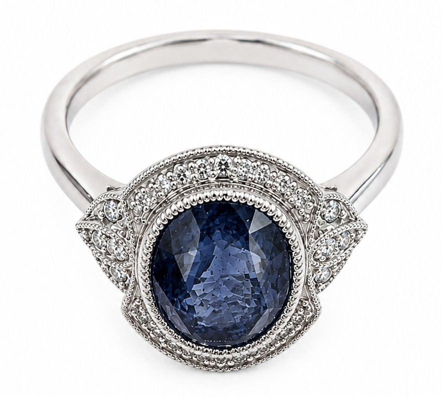 Oscar Friedman Platinum Sri Lanka Blue Sapphire and Diamond Ring with GIA Report: Designer: Oscar Friedman Size:6 1/2 Metal: Platinum ( PT900 ) Total Ring Gross Weight: 6.4 Grams Center Stone: One Oval Modified Brilliant Cut Natural Blue Sapphire Center Stone Weight: 4.93 Carats Ce