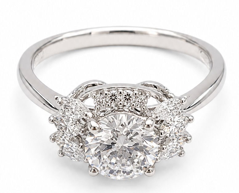 Platinum 1.52 Carat Diamond Ring with 0.43 Carat Diamond Accents by Orianna: Metal: Platinum ( PT950 ) Size:7 Total Ring Gross Weight: 4.9 Grams Designer: Orianna Design: Classic platinum diamond ring featuring a round brilliant-cut center diamond accented by marquise and roun