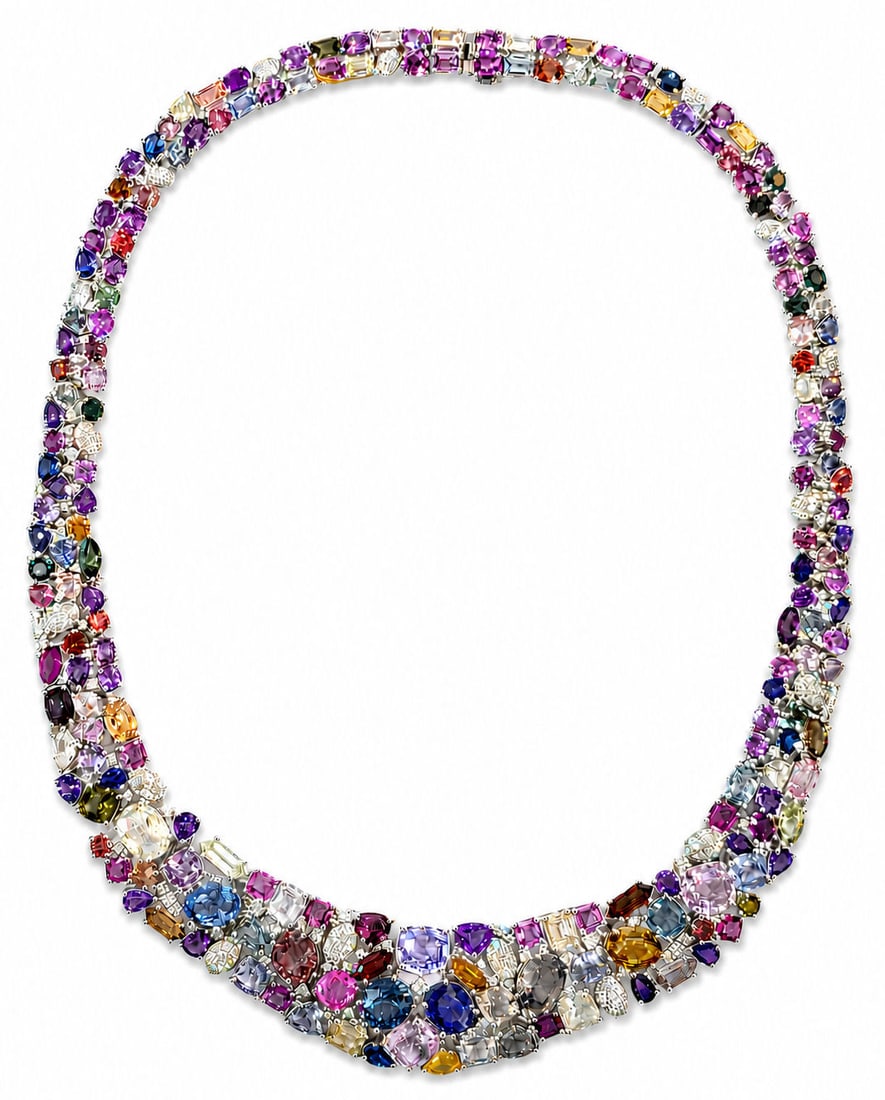 Oscar Friedman Platinum 127.94 CTW Unheated Multi Color Sapphire & 4.45 CTW Diamond Necklace: Designer: Oscar Friedman Metal: Platinum ( PT950 ) Necklace Length: 18 Inches Total Gross Weight: 115.7 Grams Gemstones: One Hundred Eighty Eight Natural Unheated Multi Color Sapphires Total Sapphire 