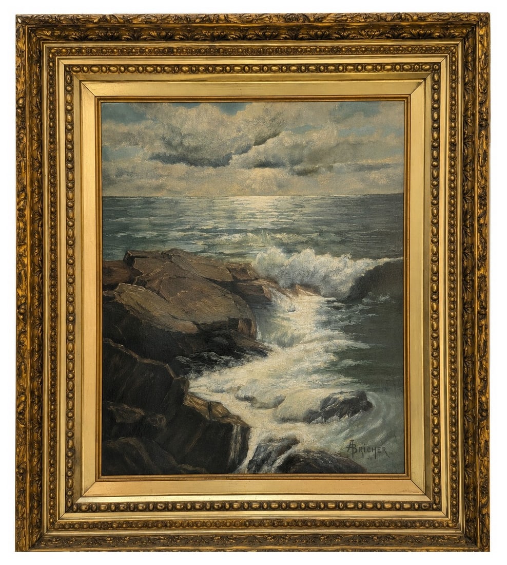Alfred Thompson Bricher (1837 - 1908) American: Alfred Thompson Bricher (1837 - 1908) American Oil on Cardboard Measure 25 1/2"in H x 21 1/2"in W and 31 1/4"in H x 27 1/4"in W x 3"in D framed Known for: Coastal views, marine, landscape, genre paint