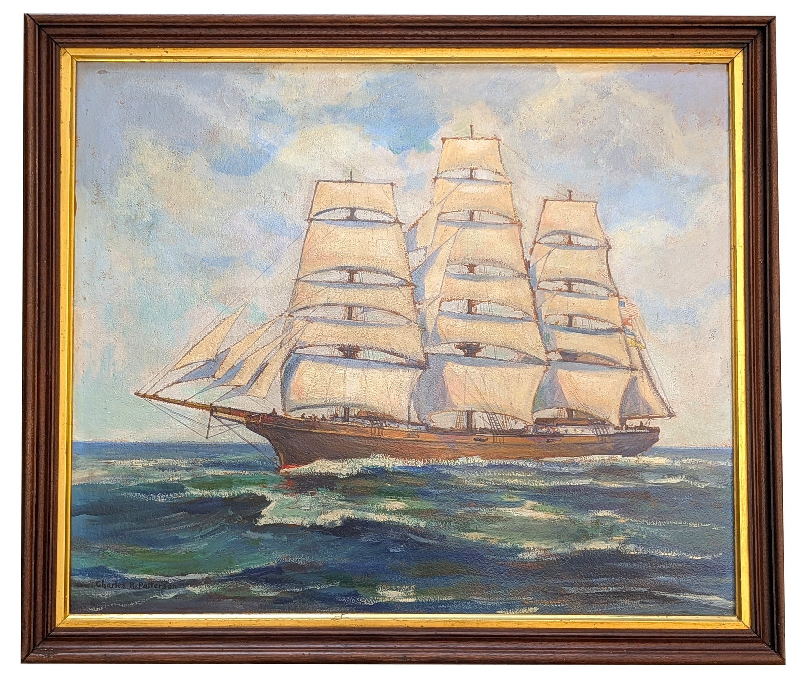 Charles Robert Patterson ( 1878 - 1958 ) England: Charles Robert Patterson ( 1878 - 1958 ) England Oil on Board Measure 21"in H x 24 3/4"in W x 23 1/2"in H x 27 1/4"in W framed Known for: Historical ship, marine genre painting, lithography Biography: