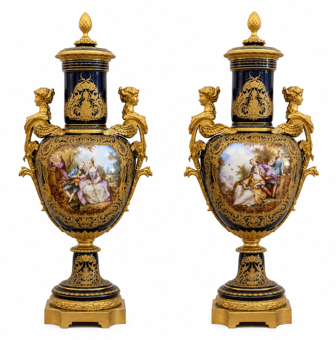 Pair of French Gilt Bronze Mounted Cobalt Blue Covered Porcelain Urns: An exceptional pair of large French covered porcelain urns, signed Poitevin, decorated with a rich cobalt blue ground and elaborate gilt ornamentation. Each urn features finely hand-painted romantic s