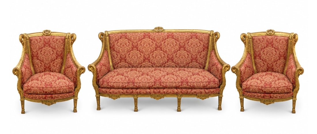 Louis XVI Style Giltwood Three Piece Salon Suite with Sofa & Armchairs (1 of 9)