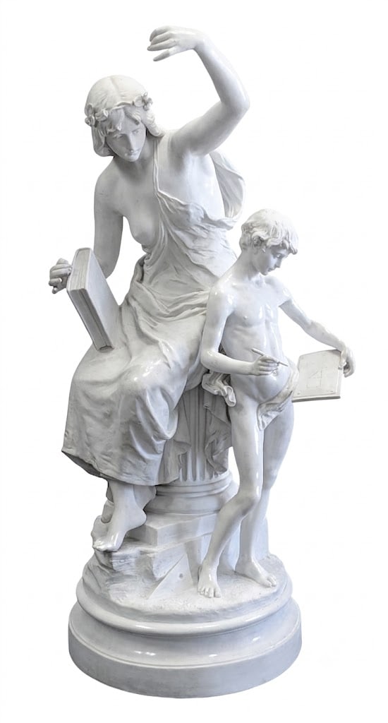 Emile Joseph Nestor Carlier (1849 - 1927 ) France: Emile Joseph Nestor Carlier (1849 - 1927 ) France Title: Alegoria de la Ciencia Alabaster Sculpture Measure 31 1/2"in H x 15"in W x 10"in D Base Measure 13"in Diameter Known for: Figurative sculpture 