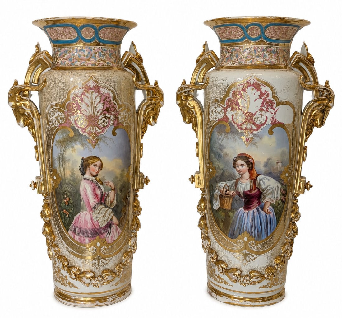 Pair of Monumental French Hand-Painted Porcelain Palace Vases with Gilt Ram's Head Handles: Impressive pair of monumental French porcelain palace vases of baluster form, richly decorated with extensive gilt embellishments and hand-painted oval reserves depicting elegantly dressed young women