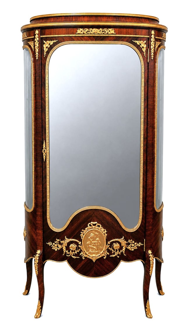 Forest Paris Louis XVI Style Marquetry Vitrine with Fine Ormolu Mounts: Elegant 19th-century French Louis XVI style vitrine cabinet, signed Forest, Paris, known for its refined craftsmanship and luxury materials. This exquisite piece features a chevron-patterned marquetry