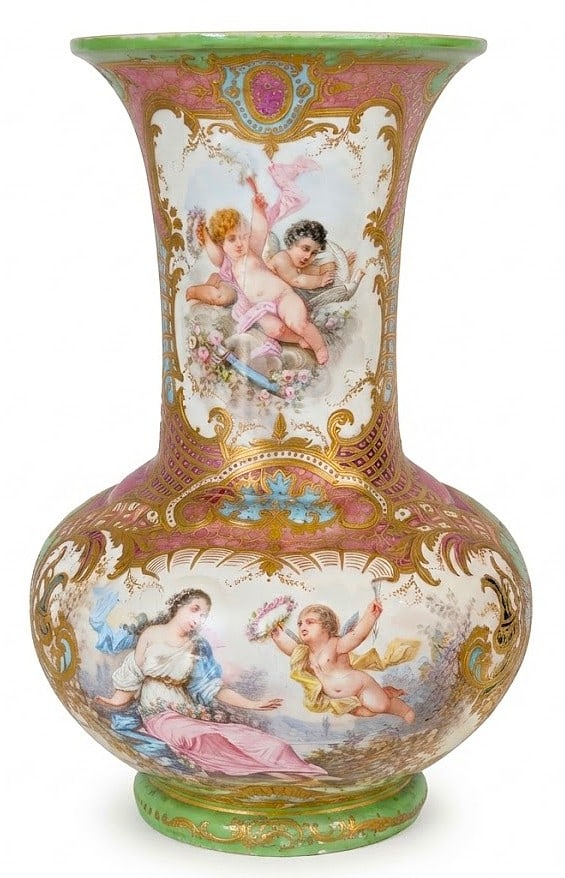 French Hand Painted Porcelain Rococo Revival Cabinet Vase: Elegant French porcelain cabinet vase of baluster form, finely hand painted with romantic figural scenes featuring cherubs and a seated maiden on one side, and musical instruments and floral still lif
