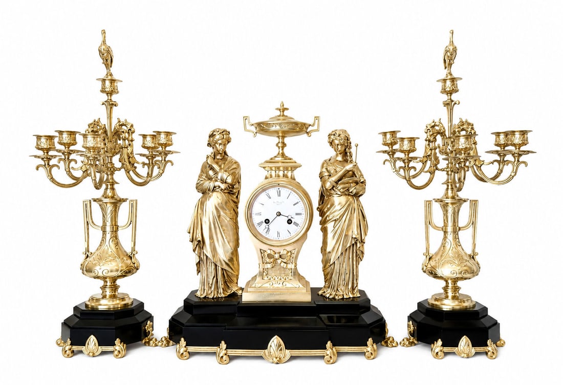French Figural Gilt Bronze Mantel Clock and Candelabra Garnitures: Each piece on stepped slate base, further raised on paw feet, including: One mantel clock, having tazza-form topper flanked by two Classical style female figures in draped gowns, central white porcela