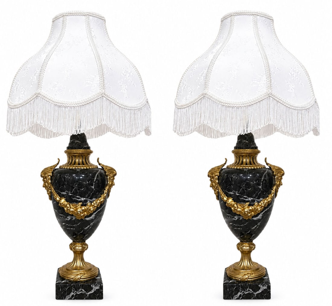 Antique Pair of 19th Century Gilt Bronze and Marble Urn Table Lamps: Antique Pair of 19th Century Gilt Bronze and Marble Urn Table Lamps Measure 32"in H x 5"in W x 5"in D