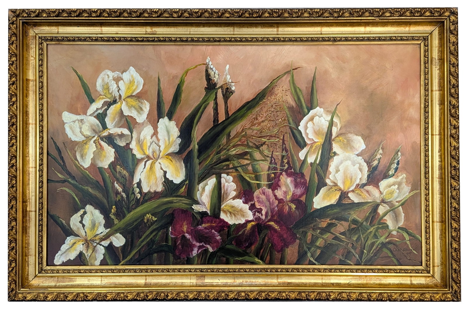 Charles Storer ( 1817 - 1907 ) American: Charles Storer ( 1817 - 1907 ) American Oil on Board Measure 17 1/2"in H x 29 1/2"in W and 22 1/2"in H x 34 1/2"in W x 2 1/4"in D framed Known for: Floral studies, still life, figure and landscape pai