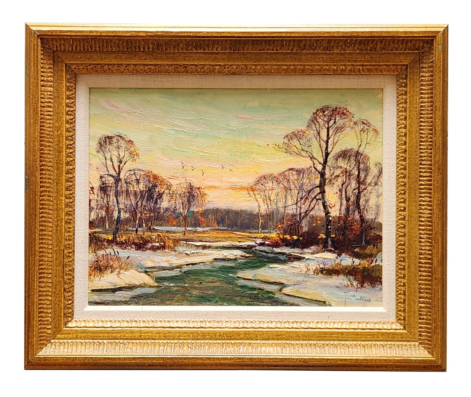 Wayne Beam Morrell (1923 - 2013) American: Wayne Beam Morrell (1923 - 2013) American Title: Winters Golden Afternoon Oil on Board Measure 12"in H x 16"in W and 18"in H x 22"in W with frame Known for: Genre, landscape, marine paintings Biograph