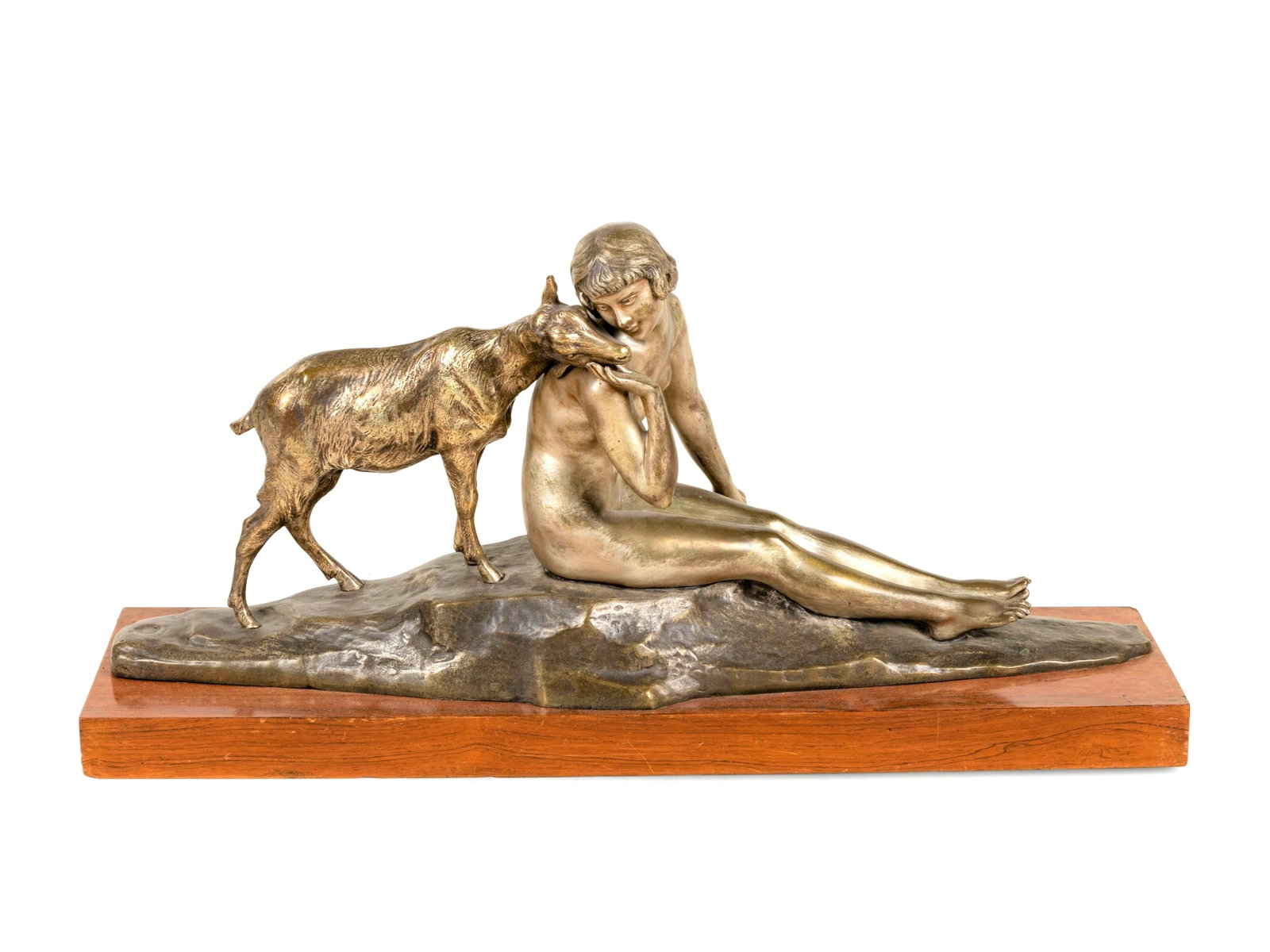Pierre-Alexandre Morlon (French, 1878-1951) Sculpture: Pierre-Alexandre Morlon (French, 1878-1951) Sculpture Silvered bronze, walnut inscribed 'A. Morlon' and 'Medallion d'honour' to base Measure 16 1/2 H x 32 W