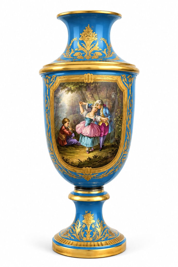 Antique 19th Century French Sevres Porcelain Vase: Antique 19th Century French Sevres Porcelain Vase The front painting depicts a romantic scene The painting on the back represents a landscape of a dense forest Measure 31 1/2"in H