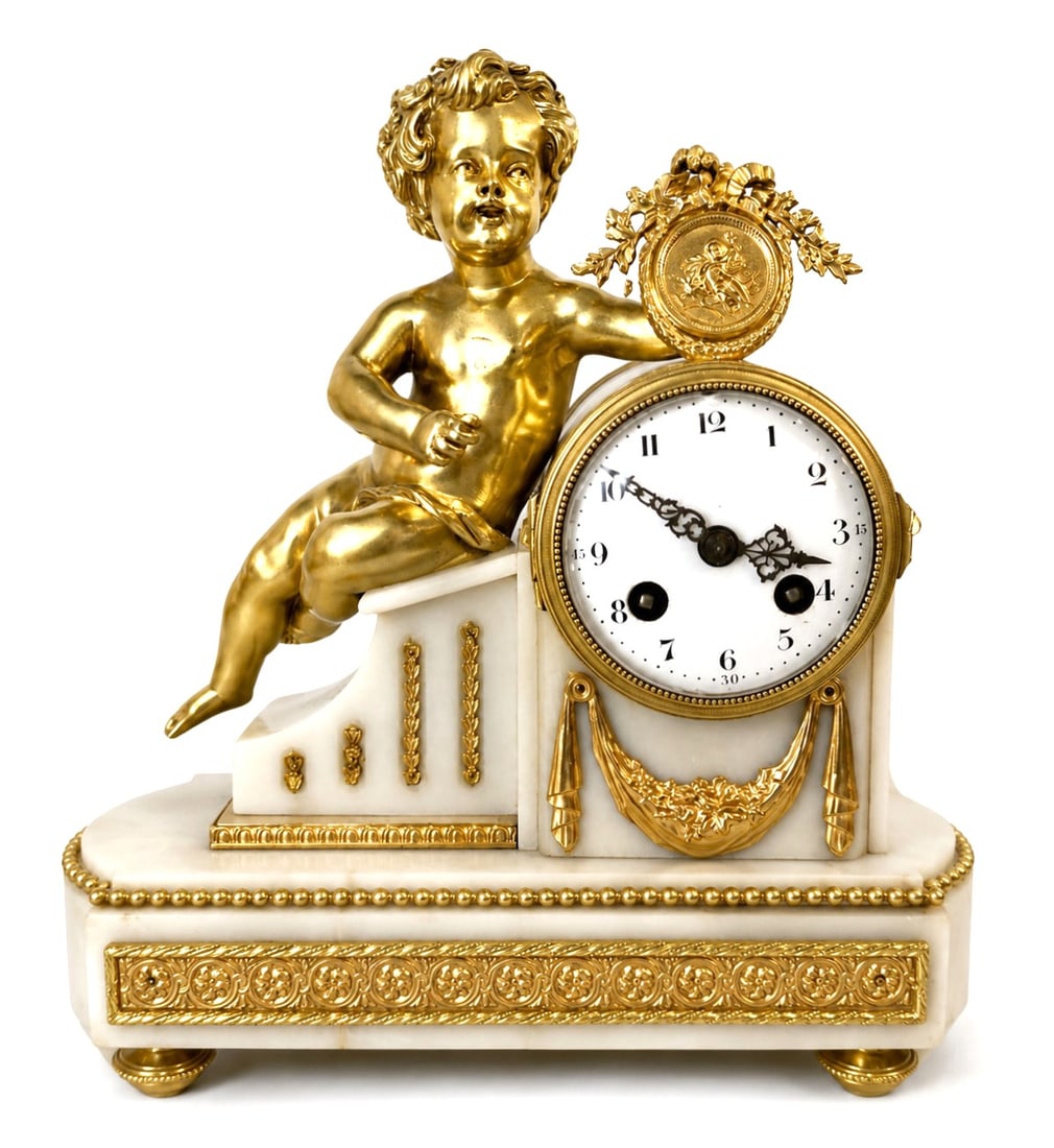 Late 19th century French White Marble and Gilt Bronze Figural Mantel Clock (1 of 8)
