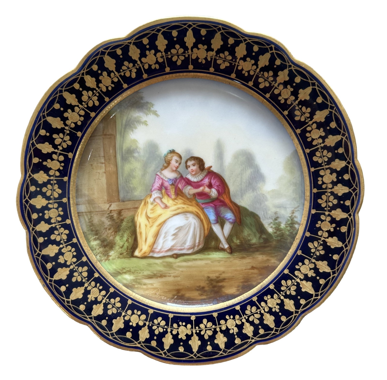 French Sevres Hand-Painted Porcelain Plate with Cobalt Border, Signed Boucher (1 of 3)