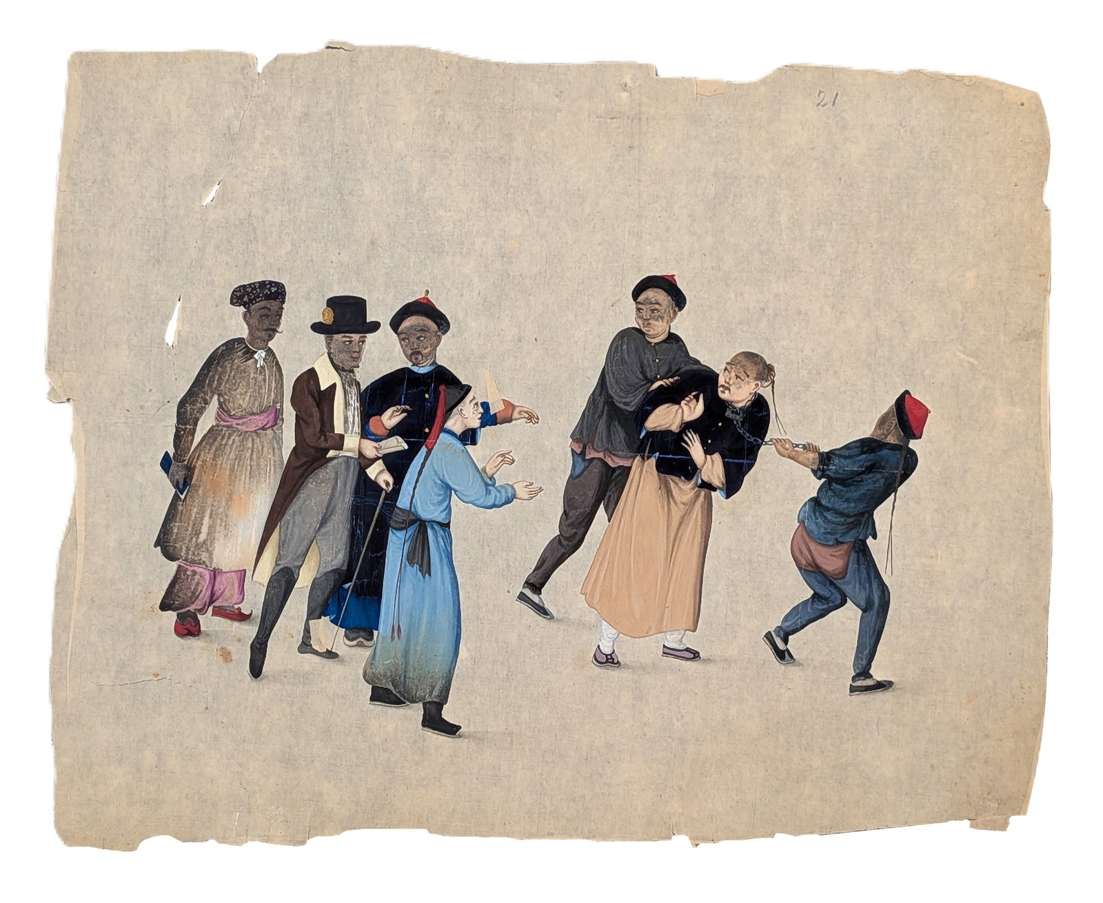 19th Century Chinese Export Gouache Painting on Rice Paper Figure Scene: Antique 19th century Chinese export gouache painting on rice paper depicting a lively figural scene with Chinese attendants, officials, and Western figures in period attire. The composition includes