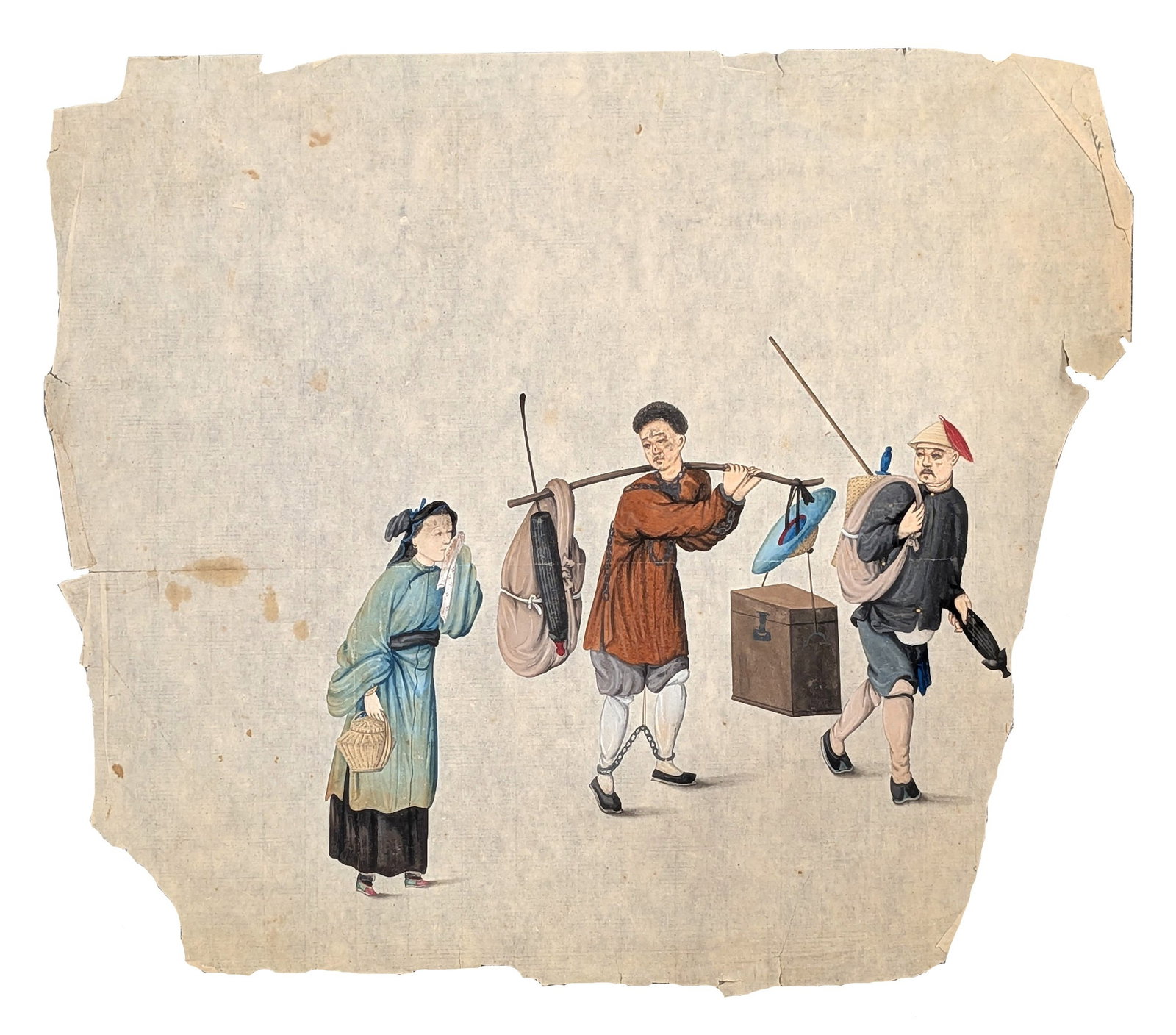 Chinese Export Watercolor on Rice Paper Depicting Traveling Figures, Probably 18th or 19th Century (1 of 4)