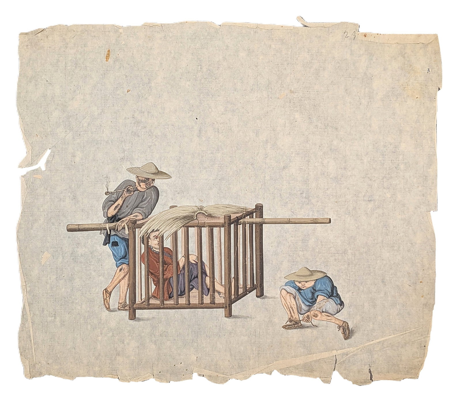 Chinese Export Watercolor on Rice Paper Depicting Prisoner Transport Scene, Probably 18th or 19th Ce: A Chinese export watercolor on rice paper depicting a prisoner transport scene, probably dating to the late 18th or 19th century. The composition portrays a seated prisoner confined within a bamboo