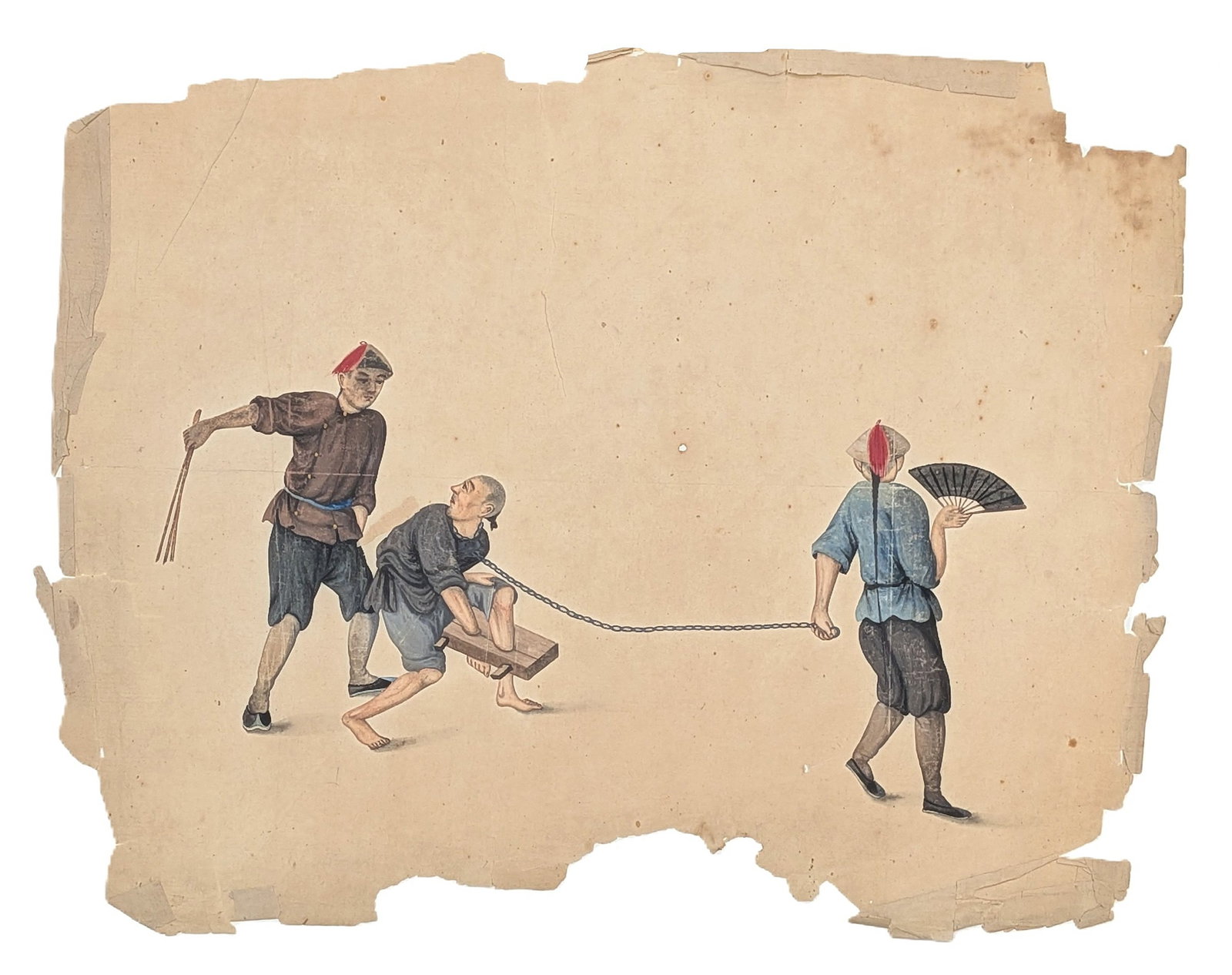 19th Century Chinese Export Gouache Painting on Rice Paper Figure Scene: Finely executed 19th century Chinese export gouache painting on rice paper depicting three figures in traditional Qing-era attire engaged in a dramatic narrative scene. One figure appears restrained b