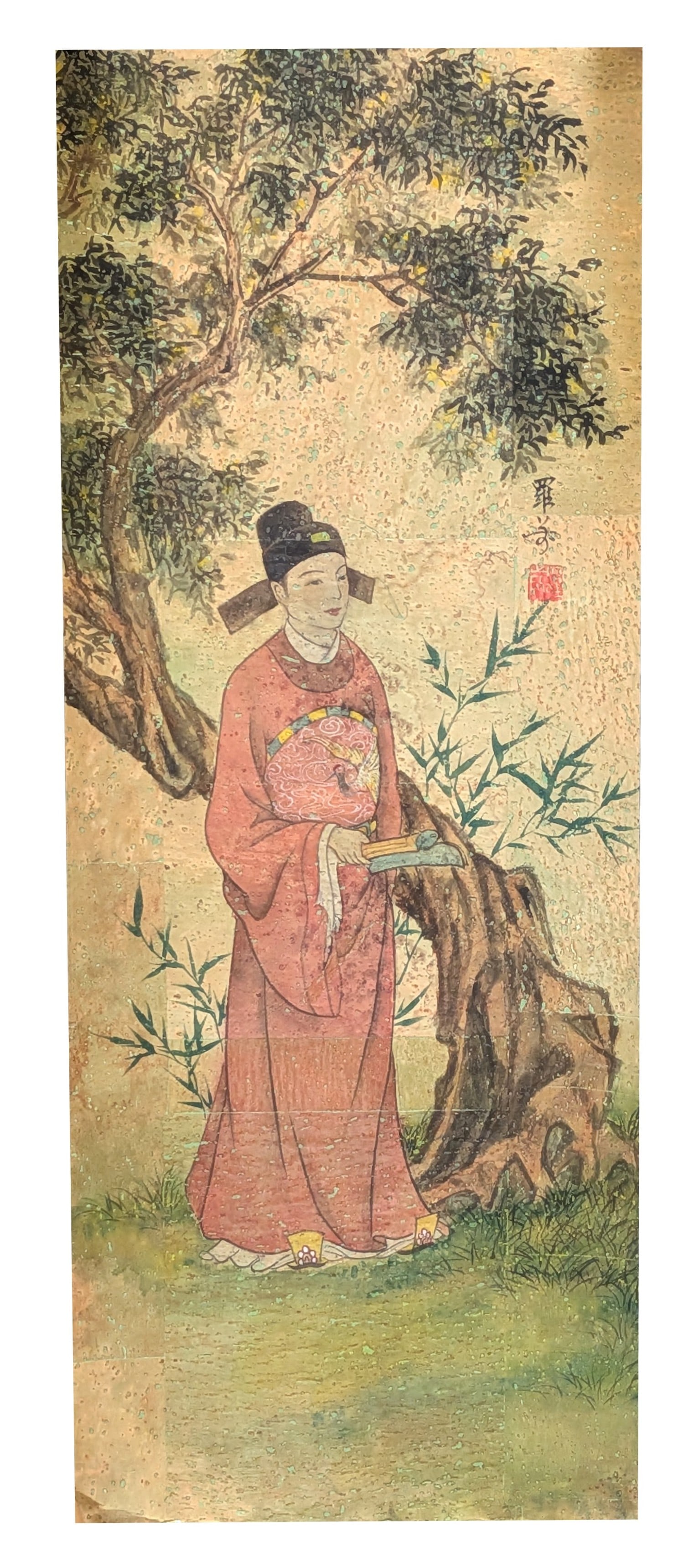 Chinese Rice Paper Painting of Court Lady in Garden, Signed: Chinese watercolor and gouache painting on rice paper depicting an elegant court lady standing beneath a flowering tree beside bamboo and a weathered garden rock. The figure is dressed in flowing pink