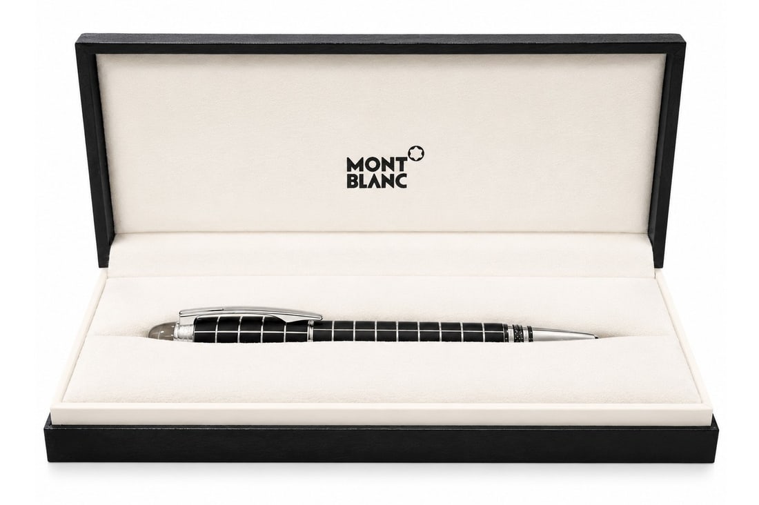 Montblanc StarWalker Black Mystery Ballpoint Pen: Montblanc StarWalker Black Mystery ballpoint pen featuring a black precious resin barrel with a geometric grid pattern and polished platinum-plated trim. The cap is topped with the iconic floating Mon