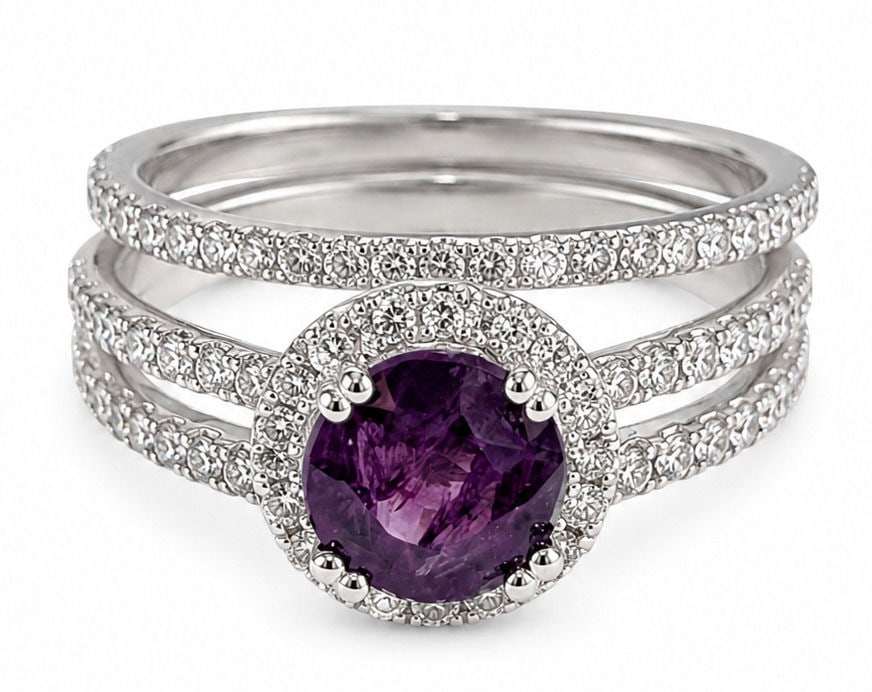 GIA Certified No Heat Kashmir Sapphire 14K White Gold Diamond Halo Bridal Ring Set: Metal: 14K White Gold Size:6 Gross Weight: Approximately 4.3 Grams Center Stone: One Cushion Brilliant Cut Natural Unheated Kashmir Sapphire Center Stone Weight: 1.50 Carats Center Stone Color: Purpli