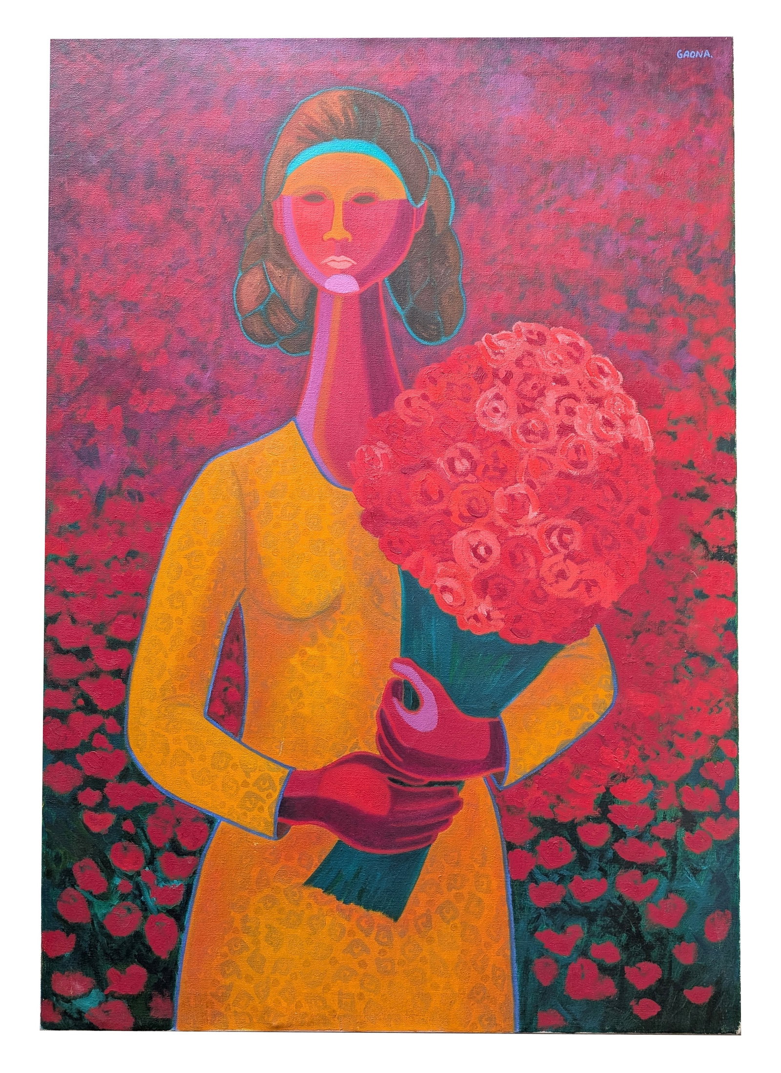 Jose Julio Gaona ( Born 1980 ) Cuba: Jose Julio Gaona ( Born 1980 ) Mexico Title: La flor mas bella del Ejido Oil on Canvas Measure 39 1/2"in H x 27 1/2"in W not framed Biography: Jose Julio Gaona is a Mexican painter who graduated from 