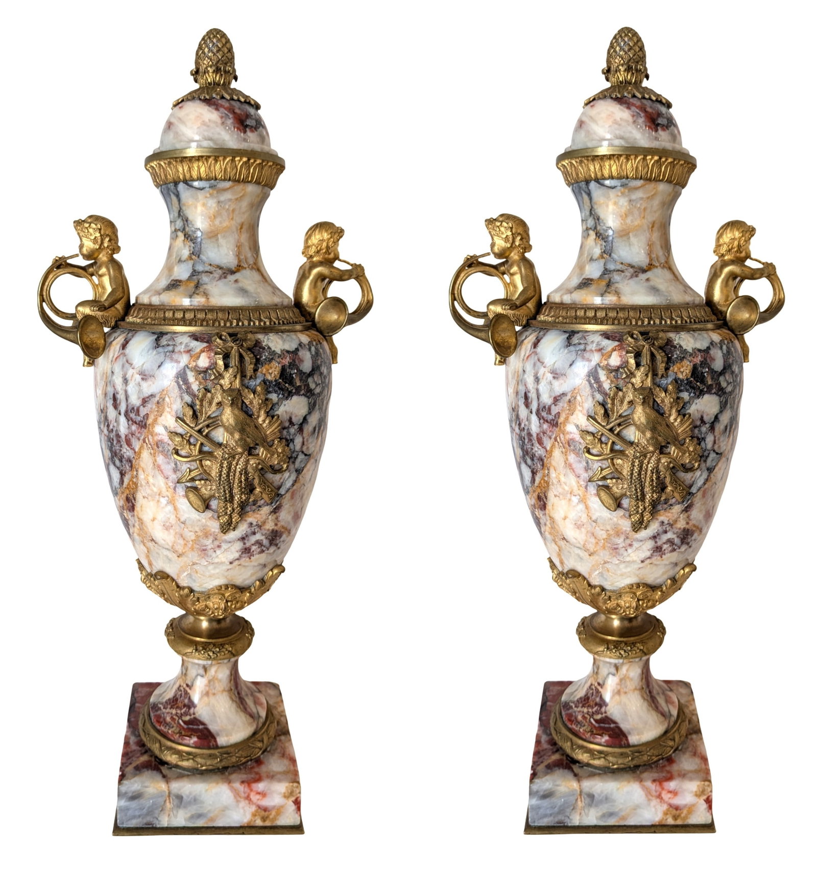 Pair of French Style Marble and Gilt Metal Urns with Cherub Handles & Pheasant Mounts (1 of 10)