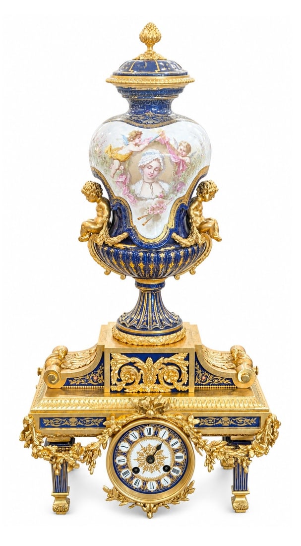 Antique French Sevres Style Porcelain & Gilt Bronze Mantel Clock: Antique French Sevres style porcelain and gilt bronze mantel clock featuring a richly decorated cobalt blue porcelain urn surmounted by a finial lid. The hand-painted porcelain reserves depict an eleg