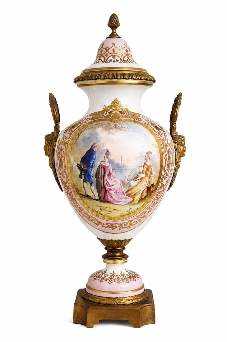 Antique French Sevres Porcelain Vase with Gilt Bronze Mounts: French porcelain lidded vase decorated in the Sevres tradition. The ovoid body is painted with an oval figural reserve depicting elegant 18th-century figures in a pastoral landscape, bordered by gilt 