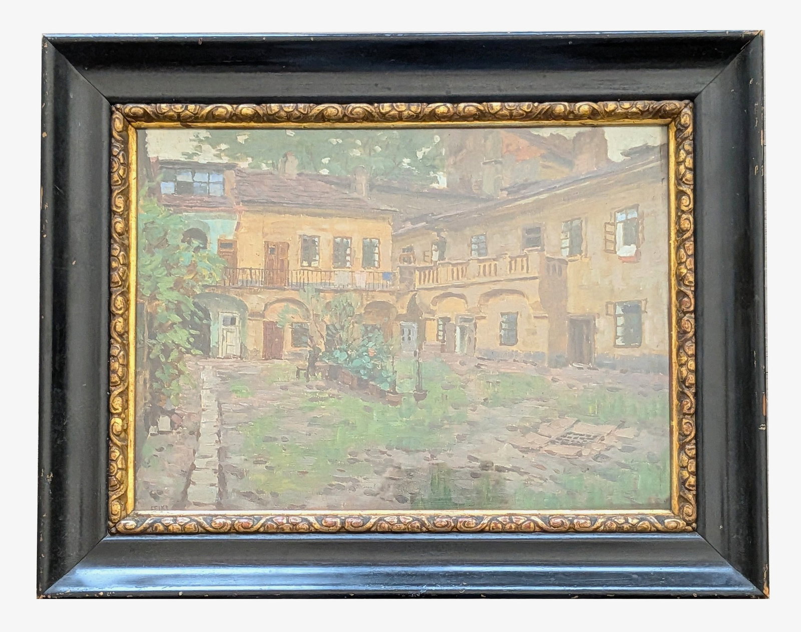 Stanislaw Feikl ( 1883 - 1933 ) Czech Republic: Stanislaw Feikl (1883 - 1933) Czech Republic Title: Bili Courtyard Oil on Predded Board Measure 12 1/2"in H x 16 1/2"in W and 17 1/2"in H x 22 1/4"in W x 2 1/4"in D framed Known for: Painting Prague s