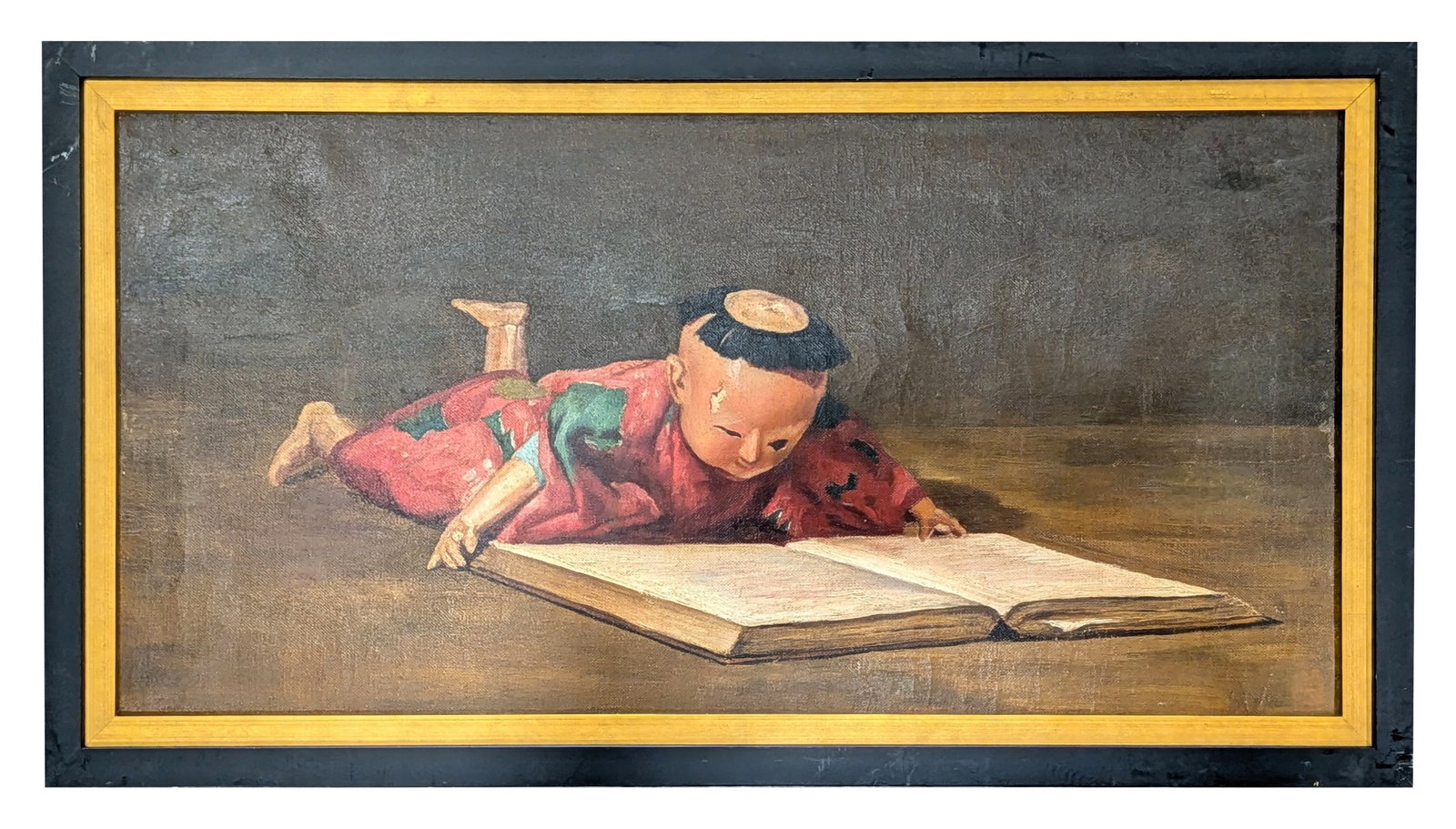 20th Century, Artist Unknown Young Scholar Immersed in Study: Oil on canvas depicting a young child dressed in traditional Chinese attire lying on the floor while engrossed in reading a large open book. Executed in a realistic style with warm, subdued earth tone