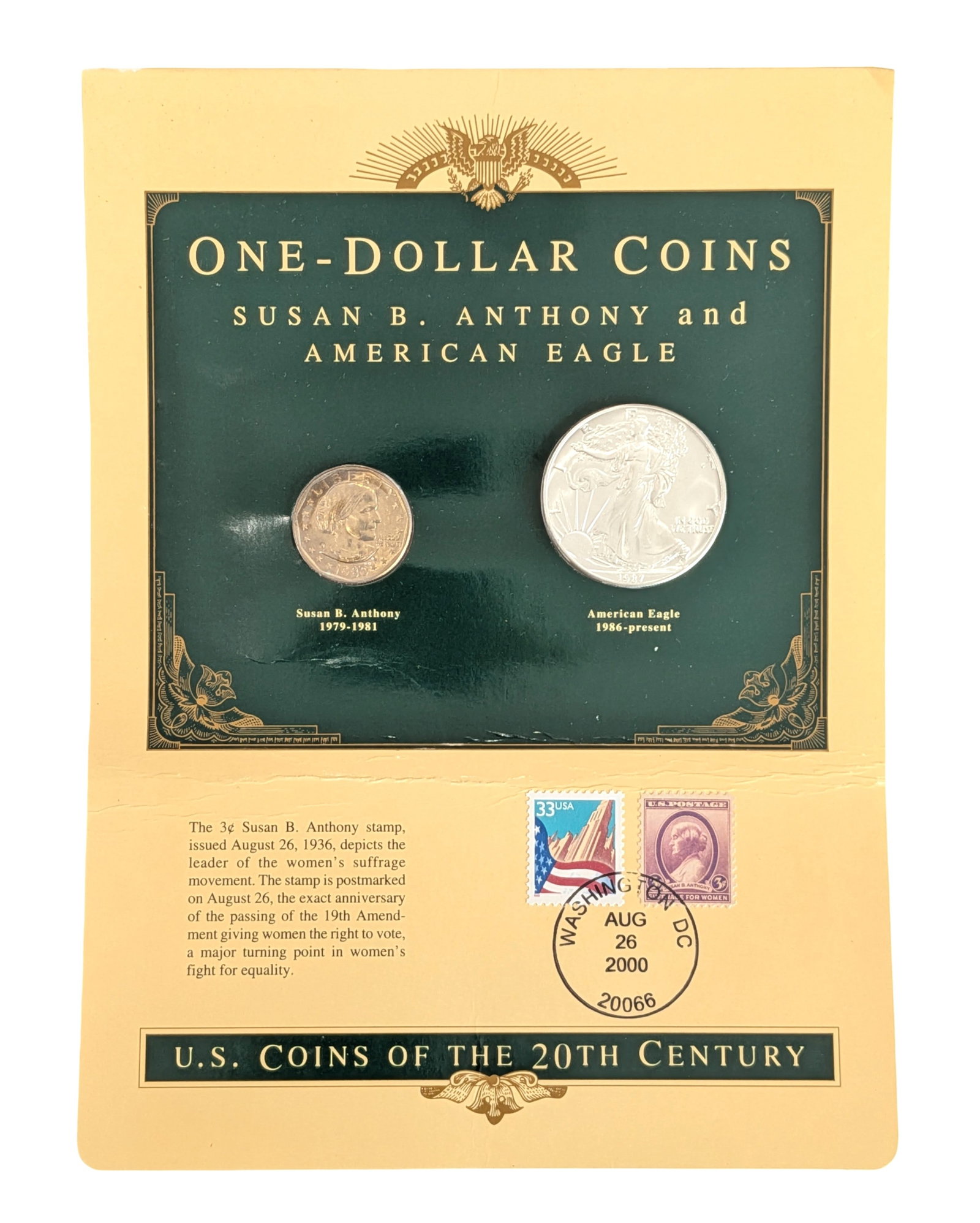 U.S. Coins of the 20th Century Susan B. Anthony & American Eagle Dollar Coin and Stamp Display: Commemorative numismatic display featuring a Susan B. Anthony dollar and an American Eagle silver dollar mounted within an informational presentation card titled "One-Dollar Coins: Susan B. Anthony an