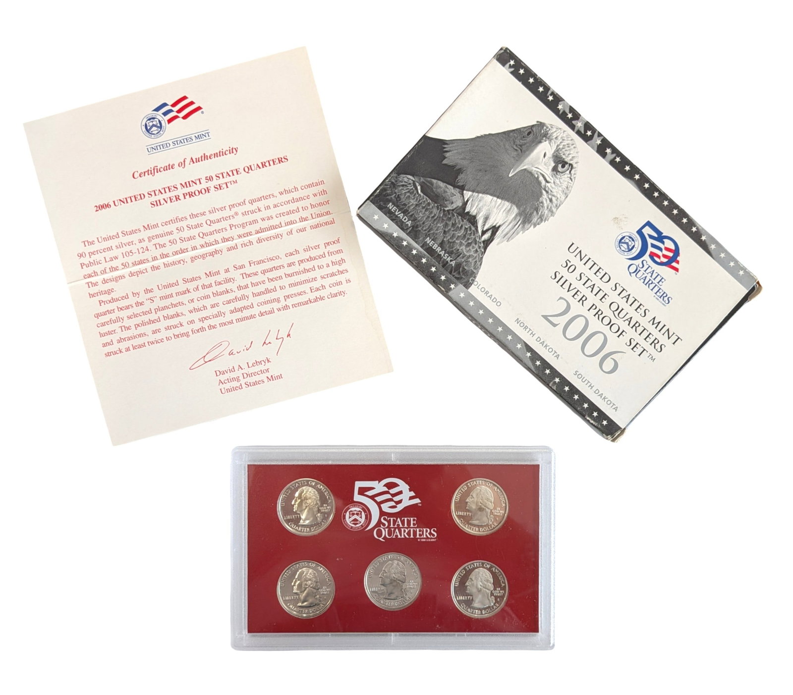 2006 United States Mint 50 State Quarters Silver Proof Set with COA & OGP: Official 2006 United States Mint 50 State Quarters Silver Proof Set, featuring five proof-strike state quarters issued for Nevada, Nebraska, Colorado, North Dakota, and South Dakota. Each coin was str