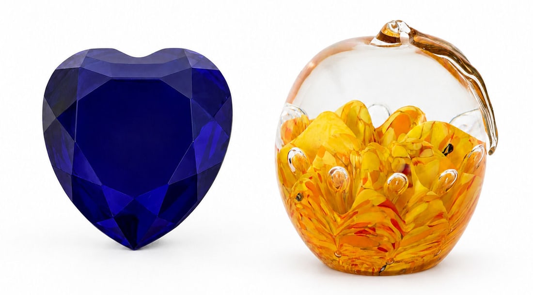 Rosenthal Blue Crystal Heart Paperweight and Art Glass Apple Sculpture, 2 Pieces: Group of two decorative glass objects comprising a Rosenthal cobalt blue crystal heart-form paperweight and a hand-blown art glass apple sculpture. The heart features a faceted gemstone style design i