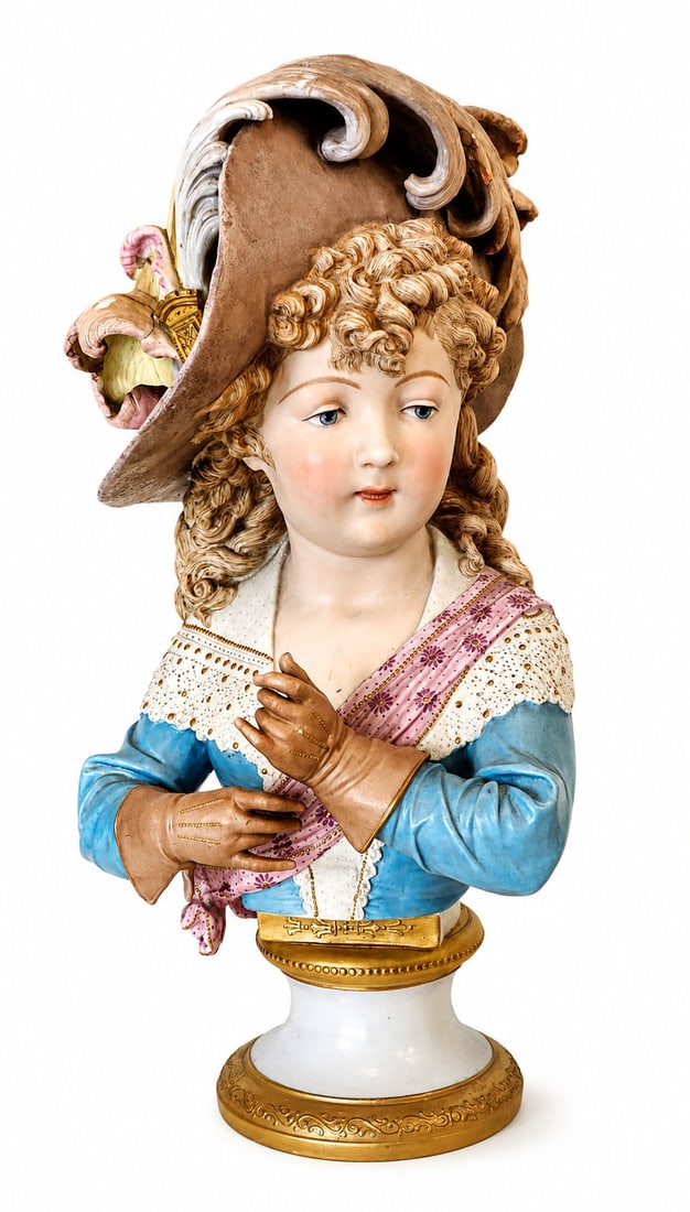 Large Antique Hand-Painted Porcelain Bust of a Young Lady with Feathered Hat, 19th Century: Magnificent antique hand-painted porcelain bust depicting a young lady adorned in a lavish feathered hat and lace-trimmed attire. The figure is beautifully detailed, showcasing delicate facial feature